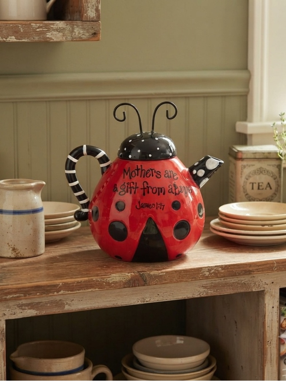 Burton & Burton Red and Black Ladybug Teapot with Mothers are a gift from above